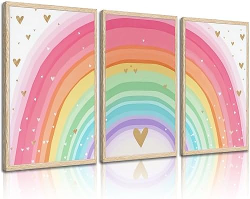 Girls Rainbow Wall Art Set of 3, Colorful Nursery Wall Decor Pain...