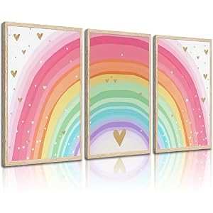 Girls Rainbow Wall Art Set of 3, Colorful Nursery Wall Decor Painting, Kids Heart Picture Poster Prints for Classroom Kids Room Baby Room Bedroom Dorm Home Decoration 12x16in Unframed