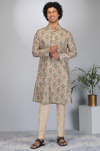 Image of LookMark Men's Cotton Blend Printed Long Kurta Suitable for All Indian Wedding, Occasions, and Festivals
