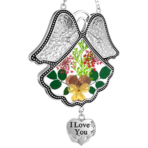 KY&BOSAM Angel Suncatcher I Love You Stained Glass Panels Suncatcher for Window Hanging Wind Chime with Pressed Flower and Metal Trim Sister Heart Charm Birthday Gift for Mom Mothers Day Christmas