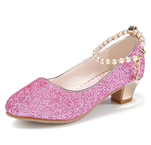 Girl's Pretty Party Mary Jane Low Heel Ankle Strap Dress Shoes Glitter Pumps for Kids Flower Girls