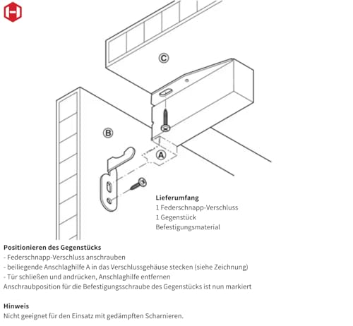 Gedotec Federschnapper AUTOMATIK Druckverschluß Tür Druckschnapper Toutch-Latch | Möbel-Schnäpper zum Schrauben | Metall glanzverzinkt | 1 Stück - Federschnapp-Verschluss Push-to-Open mit Gegenstück