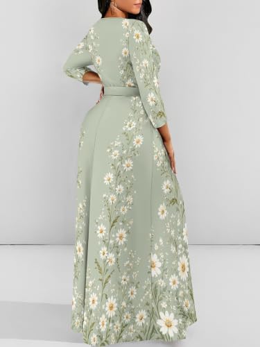 Image of Women Plus Size Long Sleeve V Neck Maxi Dress with Belt | Soft fabric relaxed fit three quarter sleeve v neck with pockets for party and daily wear