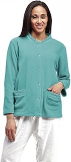 LA CERA Women's Embroidered Snap Front Fleece Bed Jacket, Banded Collar, Dual Pockets, Long Sleeves, Machine Washable