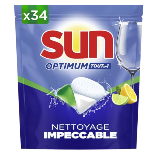 SUN - Pastillas para lavavajillas Optimum All in 1 – 34 cápsulas – Limón – Limpieza impecable – Brillo radiante – Pastillas con efecto desengrasante