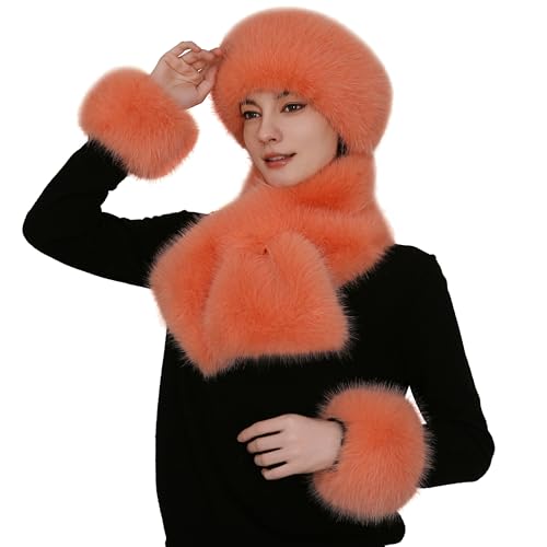 Faux Fox Fur Scarf Set - Soft Fluffy Headband & Arm Warmers(Faux Fur Cuff) - Winter Women's Accessories, 2-Piece/3-Piece (3pc Orange, One Size)
