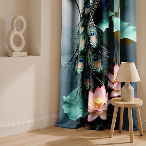 Image of Ultimate Trends Room Darkening Digital Printed Peacock Prints Curtain 65-70% Opacity,Diamond Eyelets, Tie Back, 9 FEET Pack of 1,Sage Green & Off-White