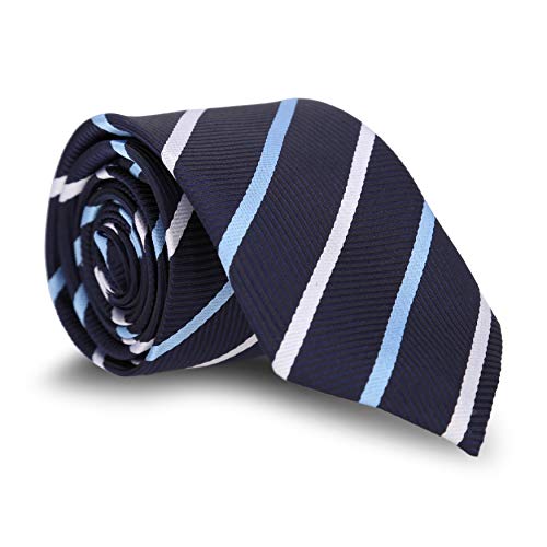 LANSILK Men Business Tie Set - Selección de corbata delgada, gemelos y pañuelo, caja de regalo, 100% seda (Navy Blue White Stripe Skinny Slim Silk Tie)