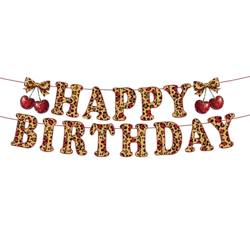 Okayski Cheetah Cherry Happy Birthday Banner Cherry Party Decorations Happy Birthday Theme Party Girls Women Birthday Backdrop Decor