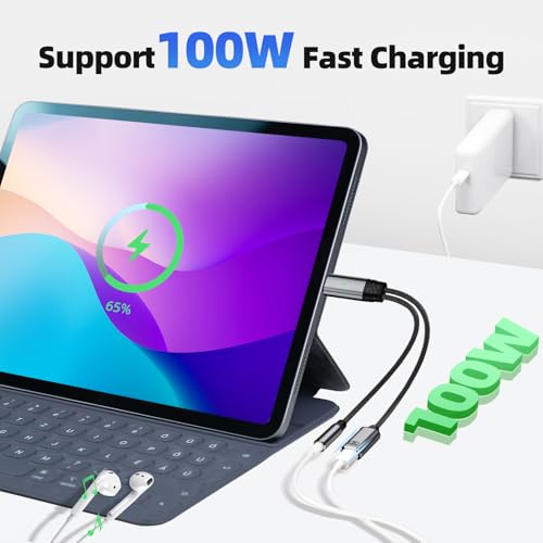 IVIVTOR USB-C Kopfhörer Ladesplitter – 2 in 1 100W Schnelllade und 3.5mm Audio Y Adapter für Telefone mit Typ-C