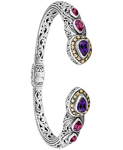 Image of DEVATA Sterling Silver 925 and 18K Gold with Gemstones Bali Filigree Cuff Bracelet