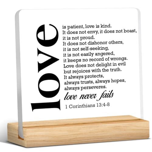 Christian Desk Sign, Christian Gift for Men Women, Wedding Gift, Bible Verse Love is Patient Love is Kind 1 Corinthians 13:4-8 Scripture Acrylic Desk Sign Home Bedroom Decor