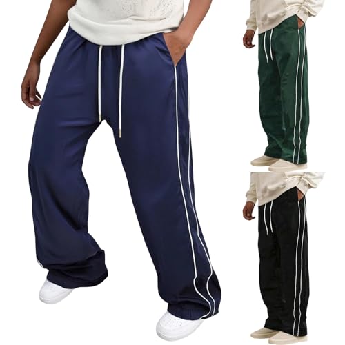 Track Pants Men Side Striped Baggy Wide Leg Parachute Pants Streetwear Elastic Waist Lounge Pants with Pockets