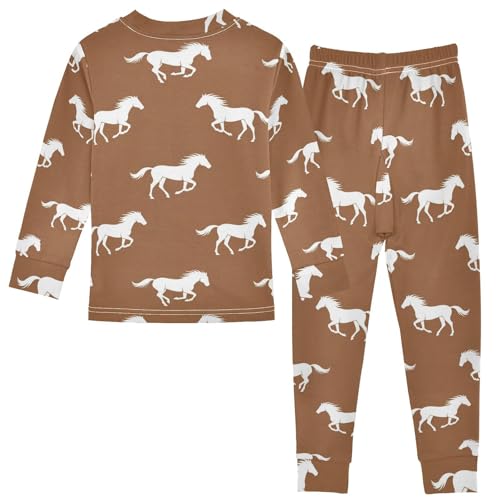 Pajama Sets Long Sleeve Brown Background with Horses Soft Comfy Sleepwear 2 Piece PJS 3-8T3