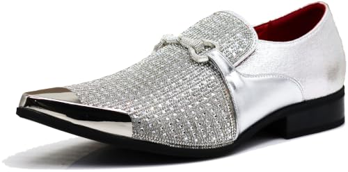 Image of Enzo Romeo Crisino Men Rhinestone Chrome Toe Suede Pointy Buckle Dress Loafer Slip On Shoes