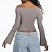 ZeroBound Built in Shelf Bra Off Shoulder Tops, Long Bell Sleeve Crop Tops for Women, Basic Casual Crop Going Out T Shirts Gray XL