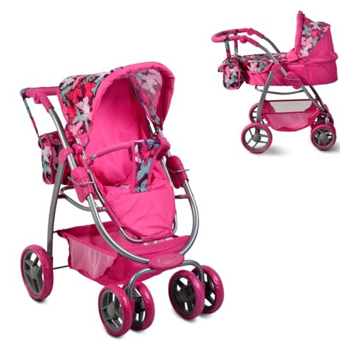 Moni Puppenbuggy, Puppenwagen rosa, pink Sweet Hard 9662, Winterkorb, Tasche, einstellbare Höhe