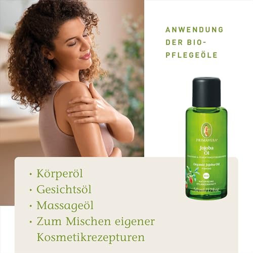Foto von PRIMAVERA Pflegeöl Jojobaöl bio 50 ml – naturreine Pflanzenkraft – Glasflasche – Aromaöl, Körperöl, Naturkosmetik – hautstraffend, festigend, fördert die Elastizität – vegan