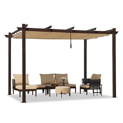 PURPLE LEAF 10' x 12' Outdoor Retractable Pergola Aluminum with DIY Sun Shade Canopy Patio Modern Heavy-Duty Brown Shelter for Garden Yard Pavilion Grape Trellis Porch, Beige