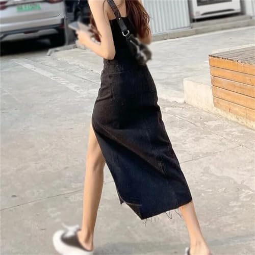 Women's Denim Skirt Summer High Waist Split Front Long Jean Skirts3
