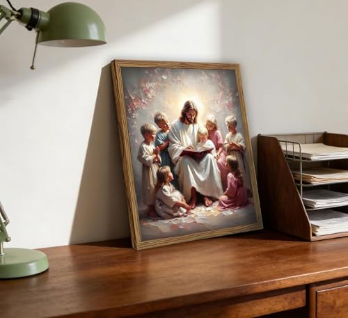 Jesus With Children Wall Art Jesus Teaching Kids print painting poster Christian Kids Room Canvas Wall Decor Picture for Living Room Bedroom Prayer Room Ready To Hang Wooden Framed by YKVDOROK - Used condition - US$17.09