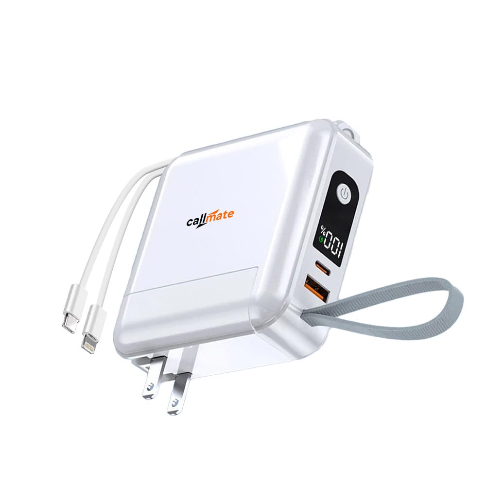 CALLMATE Globetrotter 23W PD Fast Charging 10000mAh Power Bank with Built-in Charger (2.4A), USB-A QC 3.0 & USB-C PD Output Port with Built in Cable (Light-ning & Type C) (White)