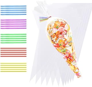 SULOLI 13×25cm Clear Sweet Cone Bags 100Pcs Cellophane Bags with Coloured Twist Ties Transparent Sweet Cones for Halloween Christmas Candy