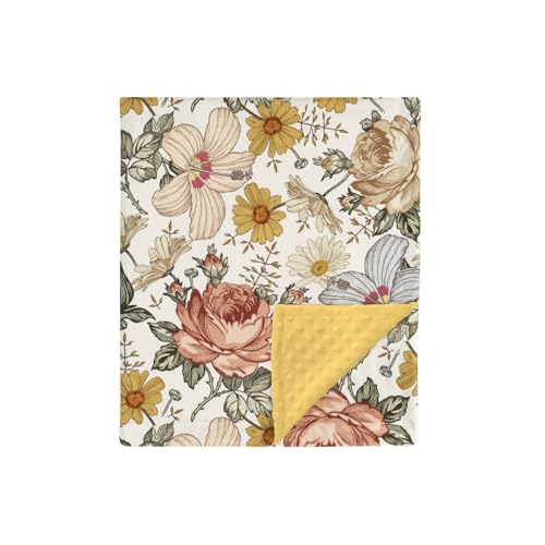 Hawskgfub ASIN Retro Boho Peony Floral Mink Baby Blanket Dotted Backing Girls, Yellow Vintage Bohemia Daisy Flower Double Layer Nursery Bed Blankets cover