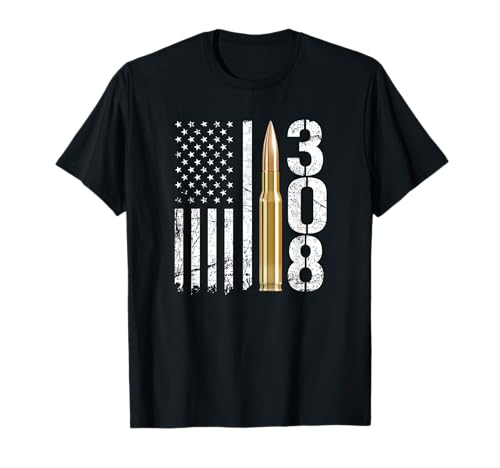 .308 Pistolet munitions Bullet 308 Calibre Fusil USA Drapeau T-Shirt