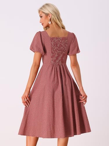Image of Allegra K Plaid Dress for Women Summer Smocked Back Round Neck Puff Short Sleeve Flowy Midi Dresses