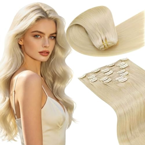 Image of LaaVoo Clip In Hair Extensions, Double Weft, 18 Inch | Bright Bleach Blonde Finish, 120g 7pcs, Hair Extension Clips, Silky, Seamless