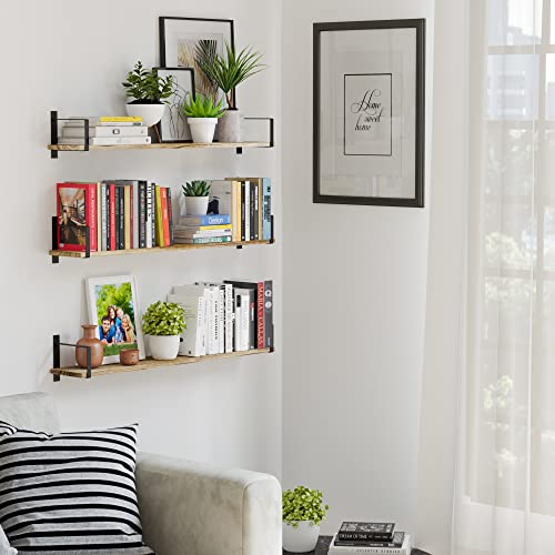Wallniture Toledo Floating Bookshelf Set of 3, Wood Floating Shelves for Wall Storage, 36\"x6\" Long Wall Shelves for Living Room, Bathroom, Bedroom, Kitchen Pantry,Burnt Finish - Thumbnail 2