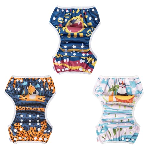 ALVABABY 3 Pack Swim Diapers, Baby/Toddler/Infant Snap Adjustable Reusable Swim Diaper Baby Gift for Boy and Girl Small 3SWY42