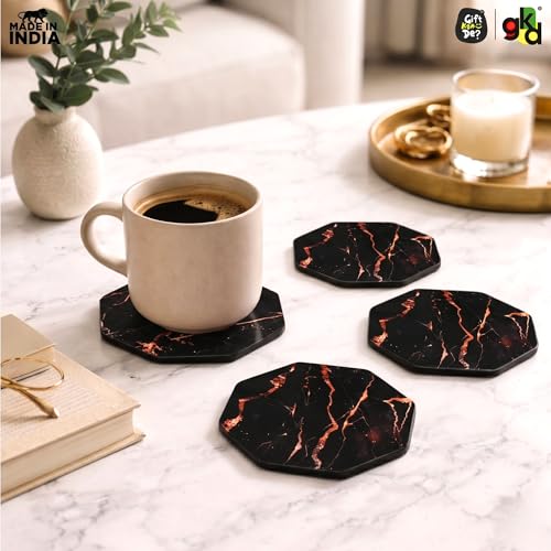 Image of GKD Wooden Coasters Set of 4 | Marble Design Glossy MDF Drink Coasters 3.5 Inch | Heat Resistant Tea Coffee Cup Holder | Table Protection for Home, Office & Dining | Made in India