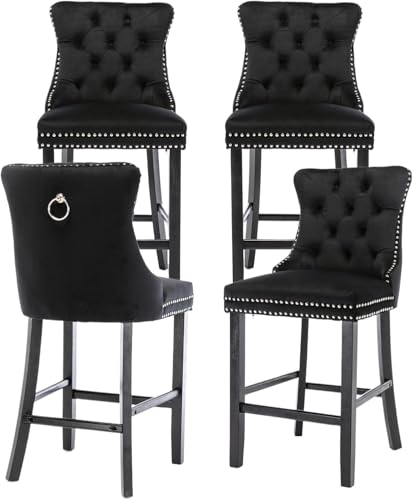 YICORPS Elegant Black Velvet Bar Stools Set of 4,Delicate Upholstered Counter Height Barstool with Backrest,Wooden Legs Design for Kitchen Islands & Pubs（Black