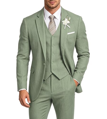 Linen Suit 3 Piece Men's Summer Suit Vintage Slim Fit Lightweight Tuxedos