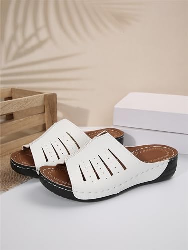 Smoneyful Womens Arch Support Sandals Wide Width Leather Platform Wedge Slip On Lightweight Open Toe Summer Orthopedic Slide Slippers Soft Beach Walking Roman Platform Sandals3