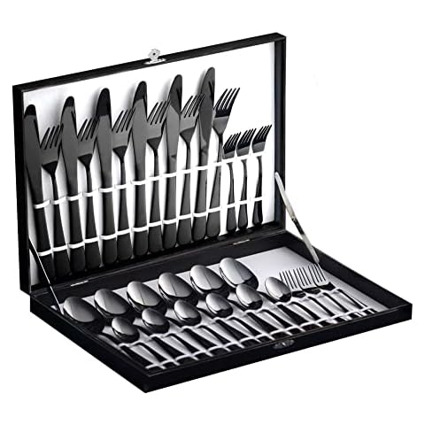 Velaze 30 Piece Silverware Set for 6 with Fancy Gift Box, Premium Stainless Steel Flatware Set, Mirror Polished Cutlery, Durable Forks Spoons and Knives Set, Kitchen Utensils Sets (Black) Cover