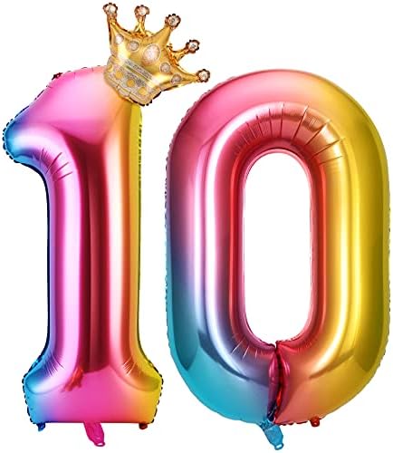Yizhet 10 Years Birthday Decorations, Birthday Balloon, Party Balloons, 40'' Rainbow Gradient Number Balloons with Crown, for Birthday, Birthday Party Decorations
