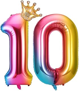 Yizhet 10 Years Birthday Decorations, Birthday Balloon, Party Balloons, 40'' Rainbow Gradient Number Balloons with Crown, for Birthday, Birthday Party Decorations