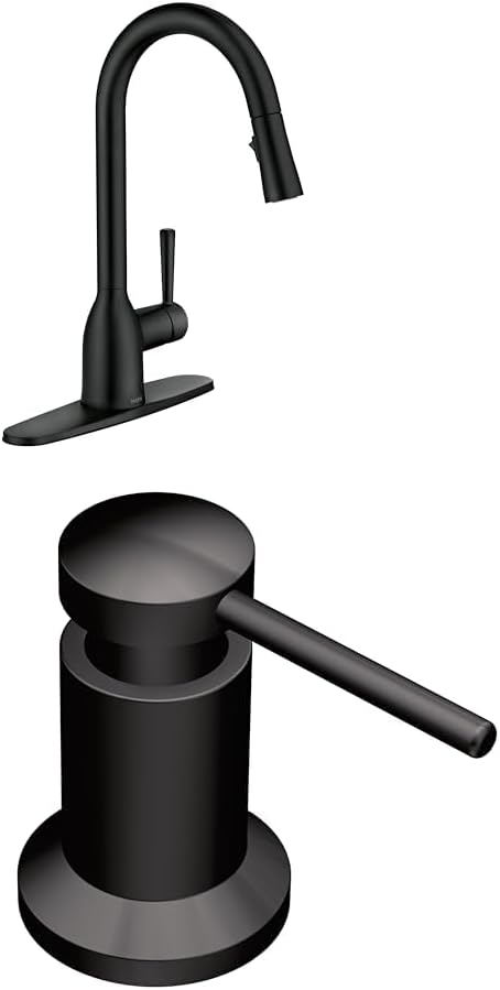 Moen 87233BL Adler Matte Black One-Handle High Arc Kitchen Sink Faucet Bundle with Moen 3942BL Matte Black Deck Mounted Kitchen Soap Dispenser with Above The Sink Refillable Bottle