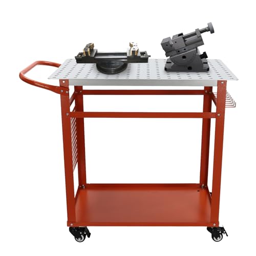 Heavy Duty Steel Welding Table, Floorstanding Welding Cart, Universal Work Table, Mobile Workbench, Tool Stand with 4 Wheels and 9 Hooks, 600lbs Load Capacity, 5/8 /16mm Holes on Top