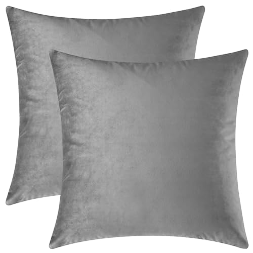 Image of Mixhug Decorative Throw Pillow Covers, Velvet Cushion Covers, Solid Throw Pillow Cases for Couch and Bed, Grey, 24 x 24 Inches, Set of 2