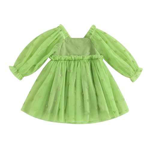 Toddler Baby Girl Valentine's Day Dress Long Sleeve Heart Print Mesh Tulle Ruffle Tutu Princess Dresses Outfits (Green, 3-4 Years)