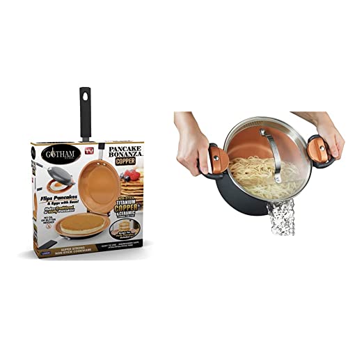 Image of GOTHAM STEEL Double Sided Pan and 5 Quart Stock Multipurpose Pasta Pot Bundle | Nonstick Copper Easy to Flip Pan and Pasta Pot with Strainer Lid