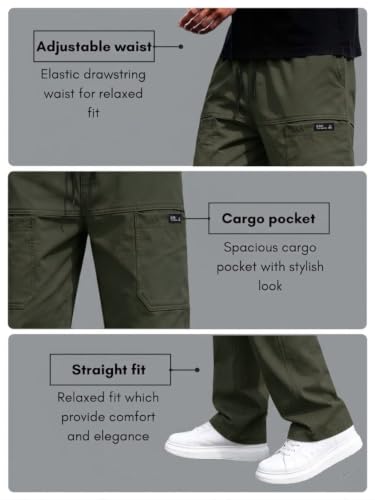 Image of Cargo for Men | Cotton Cargo Pant | Lower for man | Elastic Drawstring Waist Straight Fit Bottoms | Comfortable Breathable Cargos for Casual, Office Wear