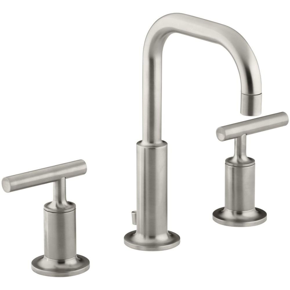 K-14406-4-BN Purist® Widespread Bathroom Sink Faucet, 3-Hole, Bathroom Faucets with Low Lever Handles and Low Gooseneck Spout, 1.2 GPM, Vibrant Brushed Nickel
