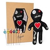 Voodoo Muñeca (negro) con agujas Voodoo, estuche e instrucciones (extra grande 16 cm hecho a mano) – Juego de agujas de calavera extragrandes | Regalo para amigos, colegas, jefe, boda o cambio de