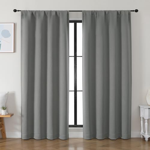 Simplebrand Ava Light Grey Blackout Curtains for Bedroom 84 Inch Length 2 Panels Set, Solid Thermal Insulated Privacy Living Room Window Treatment Curtains Blackout Drapes, W50 x L84 Inch, Light Grey