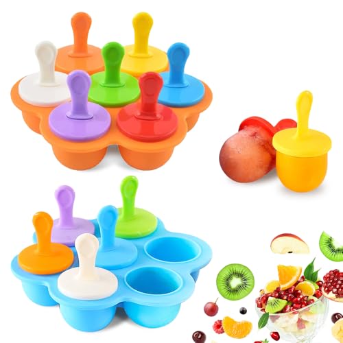 mizikuu Mini Stampi per Ghiaccioli in Silicone, 2 pezzi Stampi per Gelato Bambini con Bastoncini di Plastica Colorati senza BPA 7 Scomparti Fai da Te Formine Ghiaccioli Riutilizzabili, Blu e Arancione